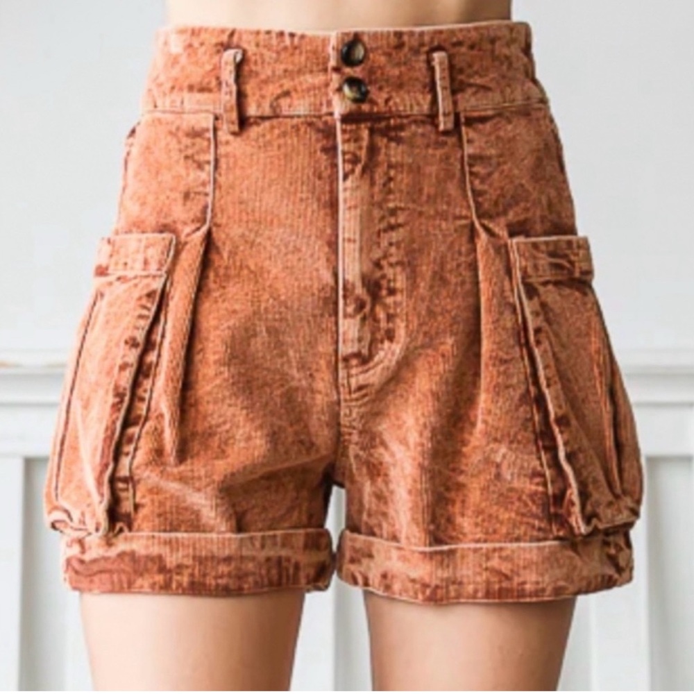 Oli & Hali Y2K Vintage High-Waisted Rust Washed Corduroy Paper Bag Cargo Shorts